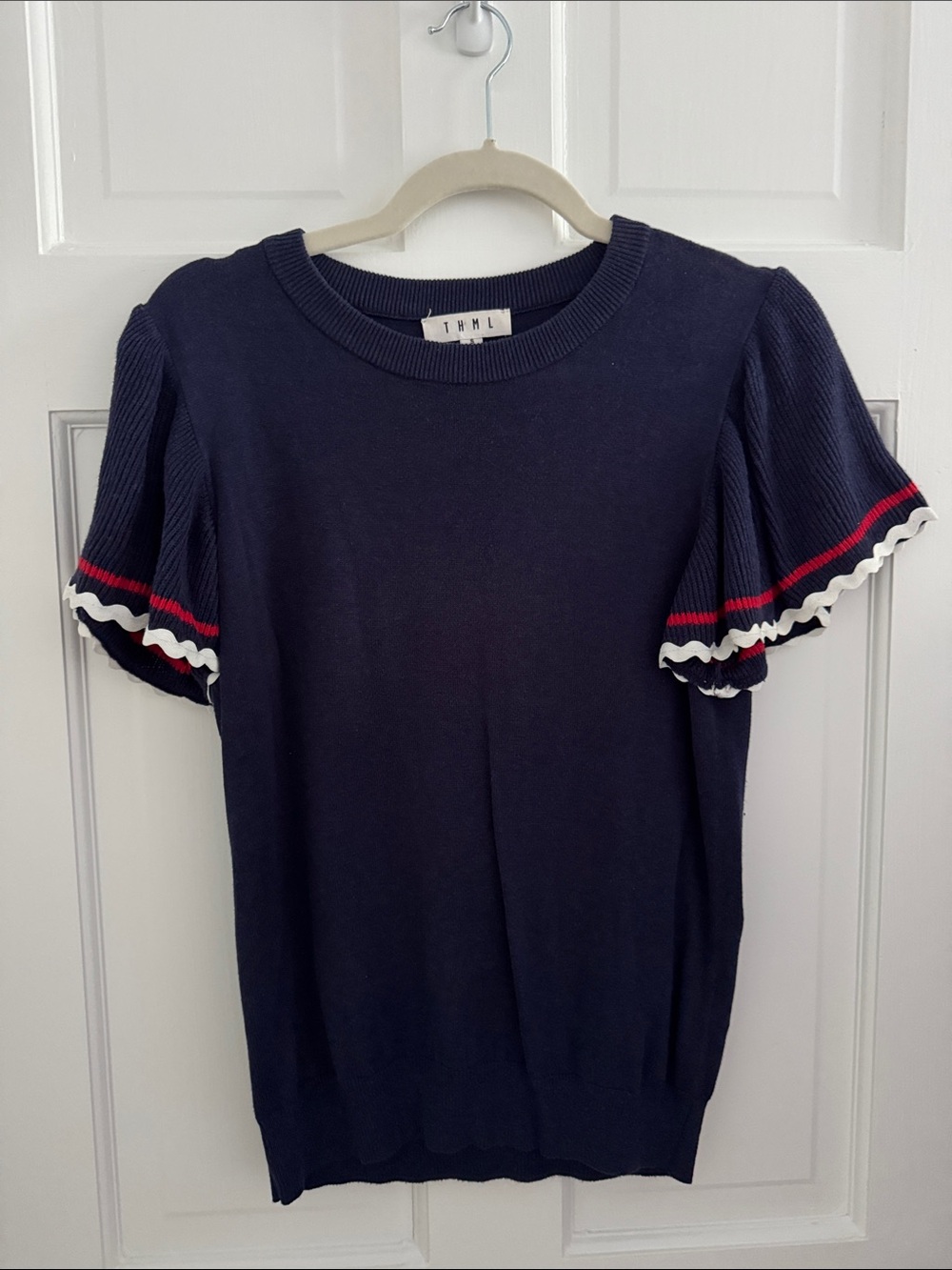 THML Navy Short Sleeve Crewneck Sweater with Red & White Trim